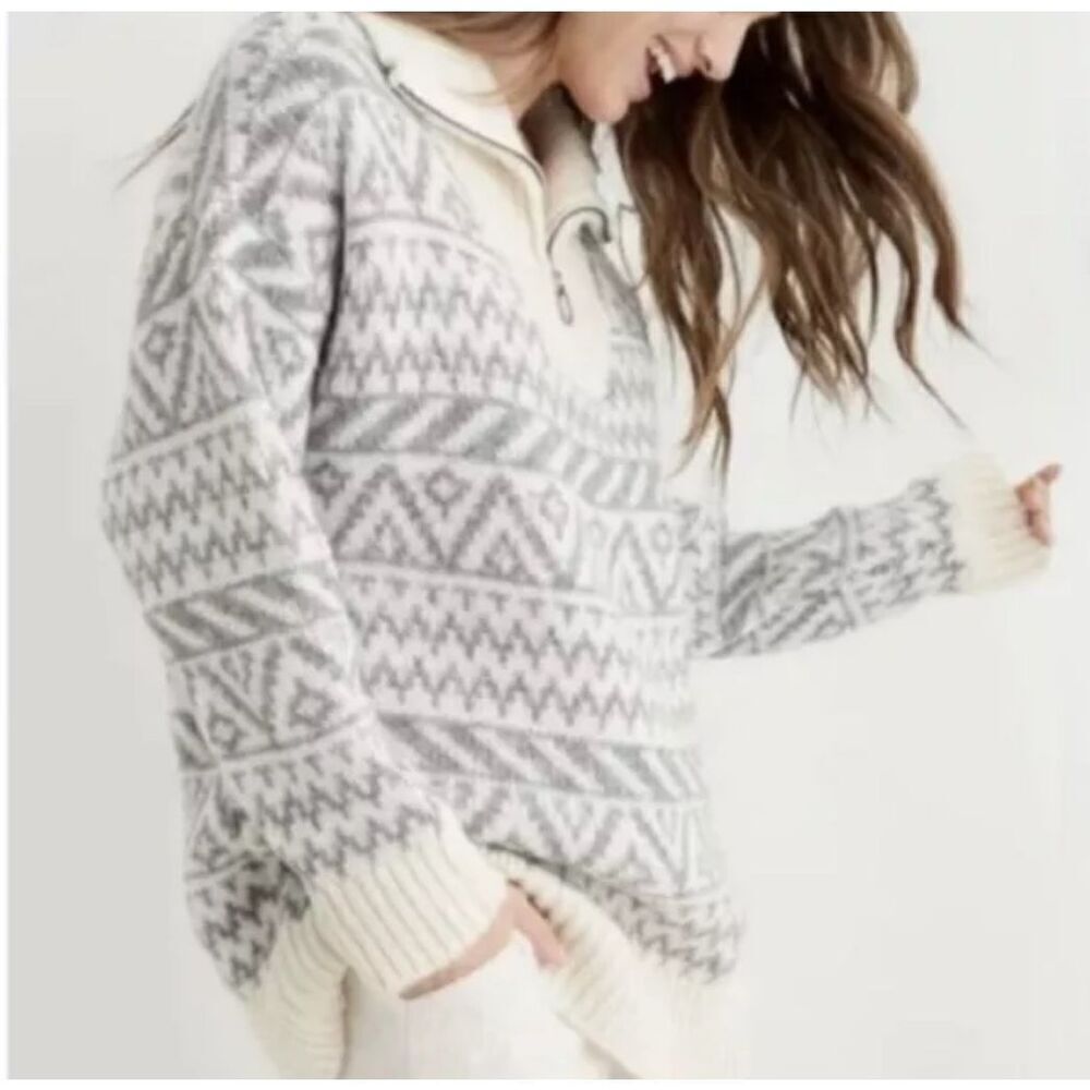 Aerie NWT Gray Cream Wool Blend 1/4 Zip Pullover Sweater Oversized XS
